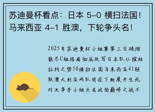 苏迪曼杯看点：日本 5-0 横扫法国！马来西亚 4-1 胜澳，下轮争头名！