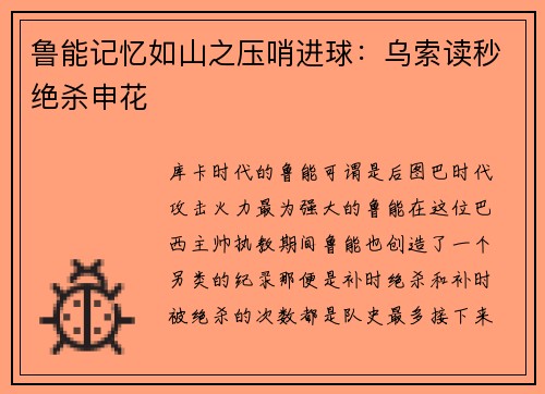 鲁能记忆如山之压哨进球：乌索读秒绝杀申花
